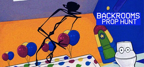 Backrooms: Prop Hunt key art: a tall shadow figure stalks a party room full of balloons, a toy rocket and a toilet wearing glasses.