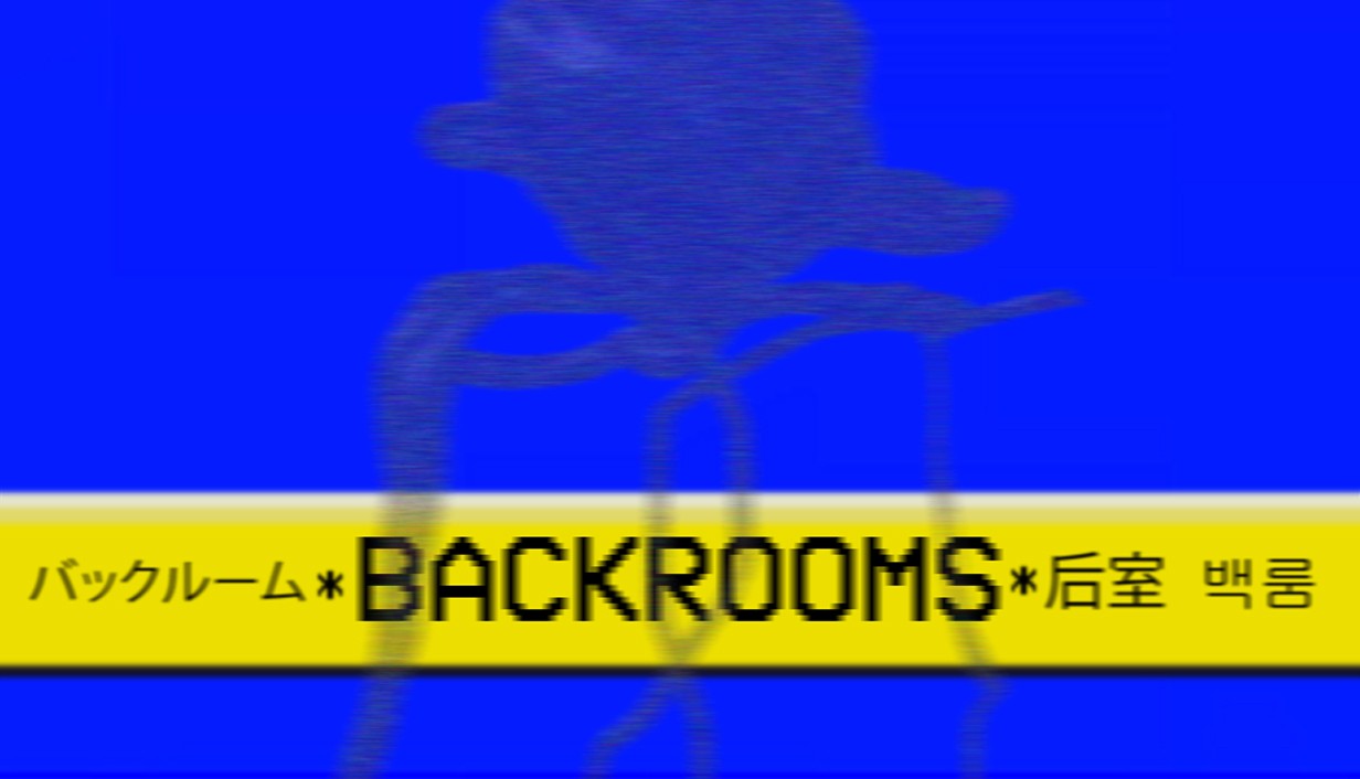 BACKROOMS key art: a tall, thin shadow figure in a hat against a bright blue background, above a yellow band with the BACKROOMS logo.