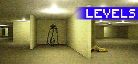 LEVELS key art: a tall, scribbled black entity stands in a yellow Backrooms room while a player in a yellow suit lies on the floor, beside the LEVELS logo.
