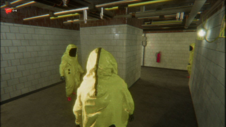 Backrooms: Imposter screenshot: players in yellow hazmat suits walk through a white-tiled maintenance corridor.