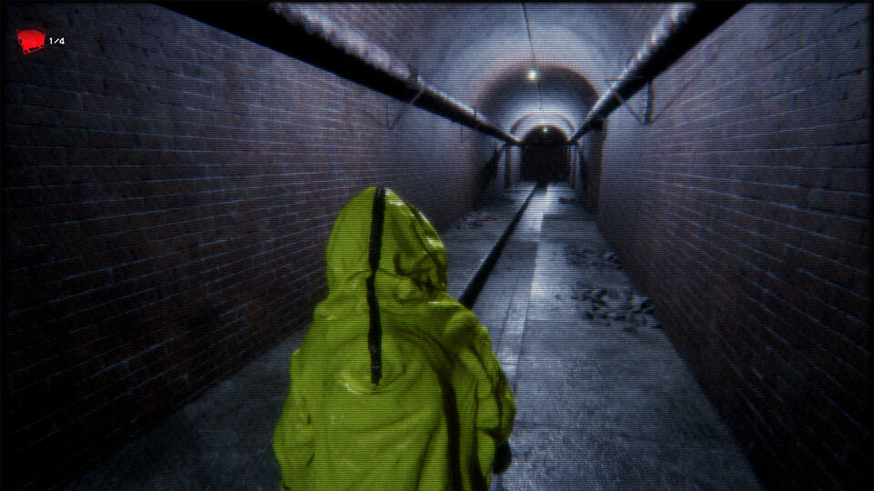 Backrooms: Imposter screenshot: a player in a yellow hazmat suit heads down a long brick tunnel lit by a single lamp.