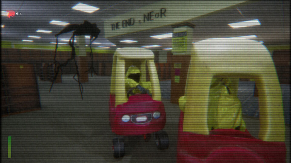 Backrooms: Imposter screenshot: two players in hazmat suits ride red toy cars as a spindly creature hangs from the ceiling.