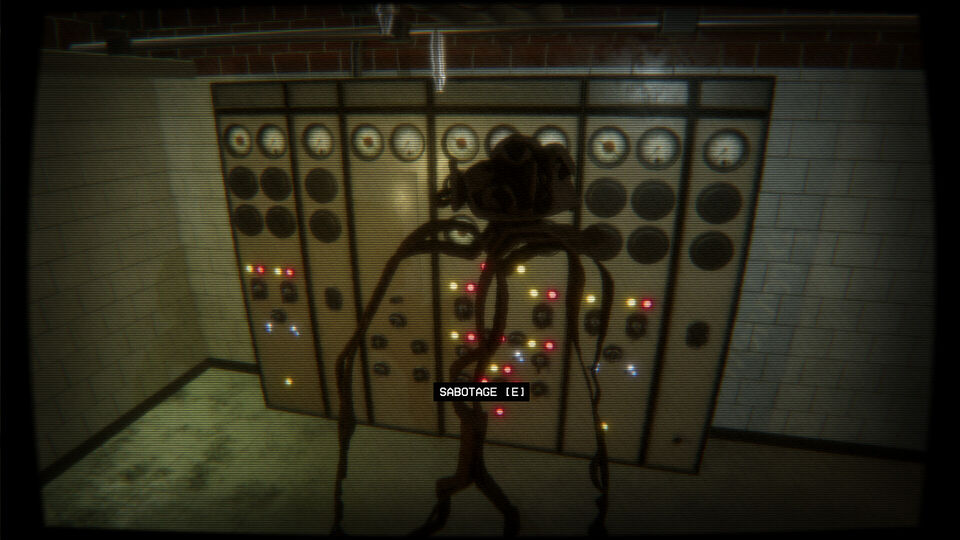 Backrooms: Imposter screenshot: a spindly dark creature at a wall of dials and switches, with a Sabotage prompt on screen.