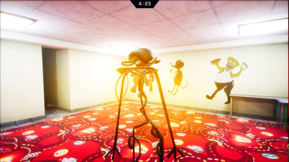 Backrooms: Prop Hunt screenshot: a strange stand-shaped prop in a bright room with cartoon wall murals and a race-track carpet.