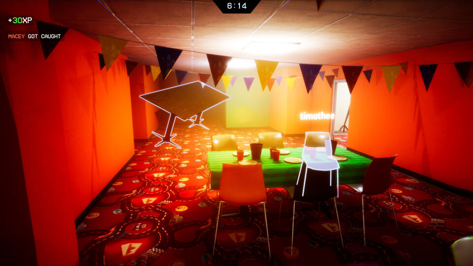 Backrooms: Prop Hunt screenshot: two outlined players hide as a table and a chair in an orange party room hung with bunting.