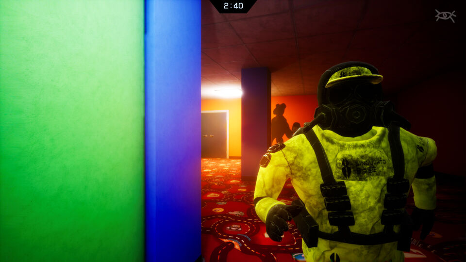 Backrooms: Prop Hunt screenshot: a hunter in a yellow hazmat suit and gas mask searches a dim red room.
