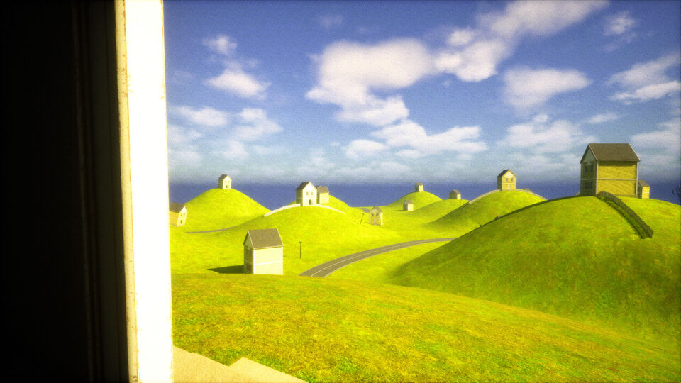 BACKROOMS screenshot: a doorway looking out on green hills dotted with small houses under a blue sky.