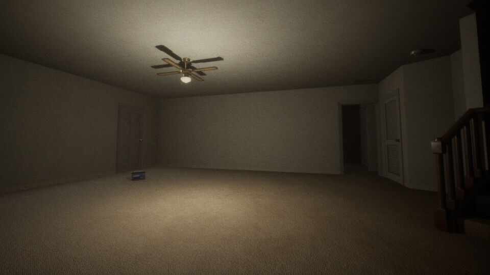 BACKROOMS screenshot: a dim, empty carpeted room with a ceiling fan, closed doors and a staircase railing.