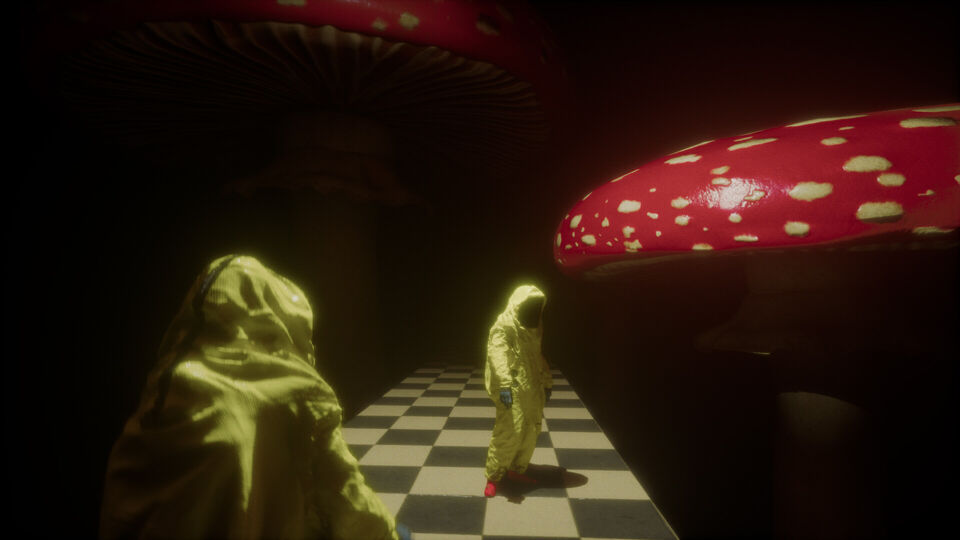 BACKROOMS screenshot: two figures in yellow hazmat suits on a checkered floor beneath giant red mushrooms.