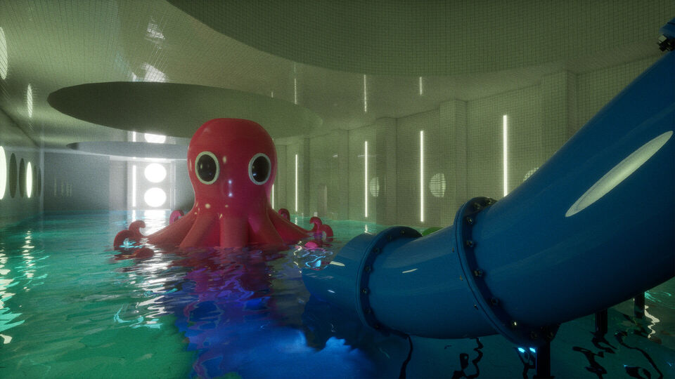 BACKROOMS screenshot: a flooded, tiled pool hall with a giant red octopus figure and a blue water slide.