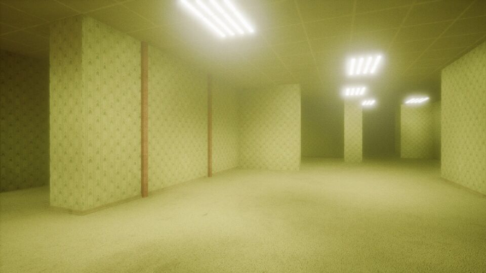 BACKROOMS screenshot: empty yellow rooms with patterned wallpaper, carpet and bright fluorescent ceiling lights.
